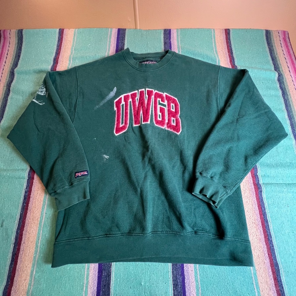 Jansport UWGB Sweatshirt Mens L Green University Wisconsin Green Bay Distressed